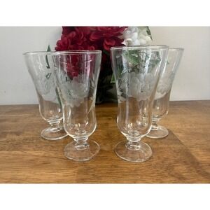 Vintage Etched Footed Barware Glasses Floral Mid Century Set of Four
